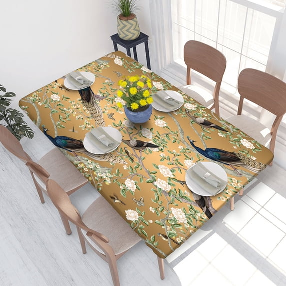 Elastic Edge Fitted Tablecloth Peacocks And Flowers Trees for Rectangle Table 4 FT 30 X 48 Inch