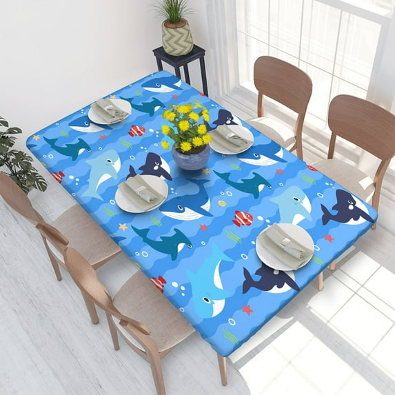 Elastic Edge Fitted Tablecloth Playful Whale Shark And Ocean Fish for Rectangle Table 4 FT 30 X 48 Inch