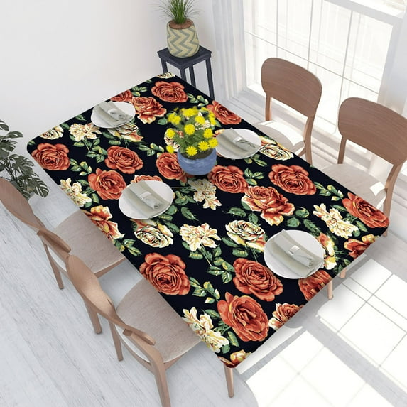 Elastic Edge Fitted Tablecloth Rose Flower Pattern for Rectangle Table 4 FT 30 X 48 Inch