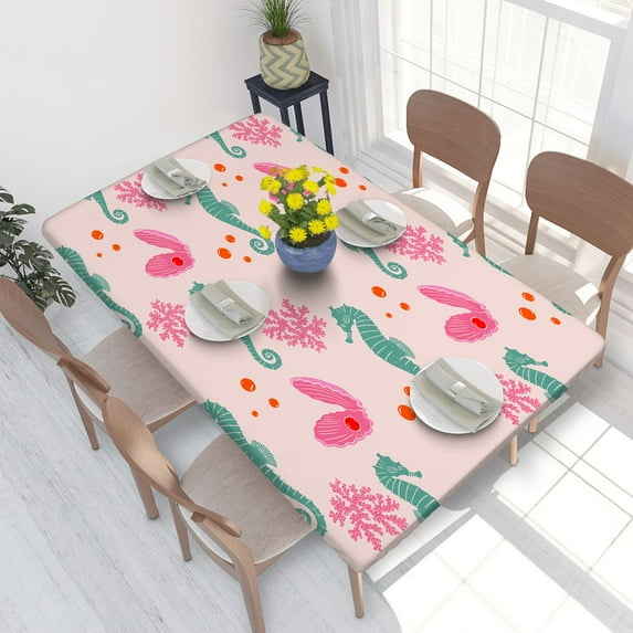 Elastic Edge Fitted Tablecloth Sea Horse Silhouette Corals And Shellfish With Pearl for Rectangle Table 4 FT 30 X 48 Inch