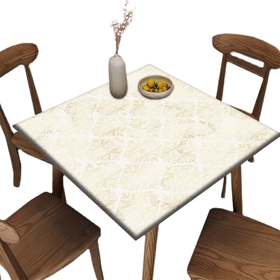 Elastic Edge Fitted Tablecloth Square, Christmas Joy Damask - Tan Pattern Printed on Stain Resistant Polyester Table Cover, for Outdoor Picnic Camping and Indoor Kitchen Dining Party,32" x 32"