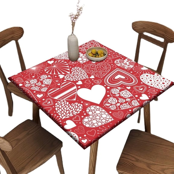 Elastic Edge Fitted Tablecloth Square, Love Hearts Pattern Printed on Stain Resistant Polyester Table Cloth, for Picnic Camping and Kitchen Dining Party, Fit for 36" x 36"Square Table