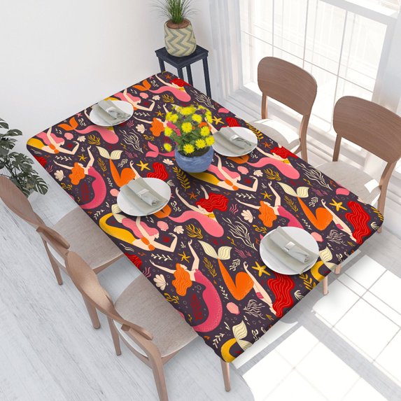 Elastic Edge Fitted Tablecloth Underwater Folkloric Mermaid Girls for Rectangle Table 4 FT 30 X 48 Inch