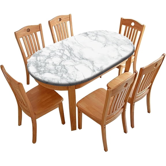 Elastic Edge Oval Fitted Tablecloth, Grey Marble Polyester Table Cloth, for Indoor Restaurant or Outdoor Patio Party Dining, Fits for 48" x 68" Oval Table