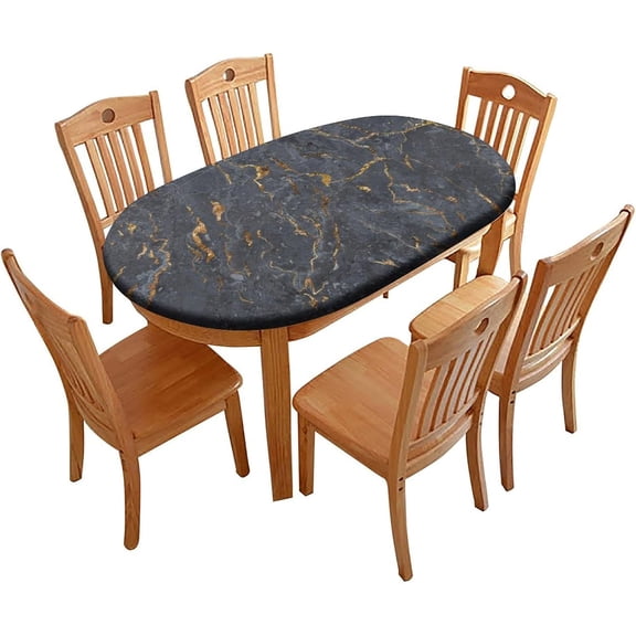 Elastic Edge Polyester Fitted Oval Tablecloth, Black Gold Line Marble Washable Wipeable Table Cloth, for Indoor Family Banquet and Outdoor Patio Decor Use, 48" W x 68" L Oval Table