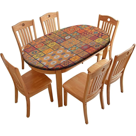 Elastic Edge Polyester Fitted Oval Tablecloth, Geometric Floral Print Washable Wipeable Table Cloth, for Indoor Holiday Family Banquet and Outdoor Patio Use, 68 inch x 48 inch