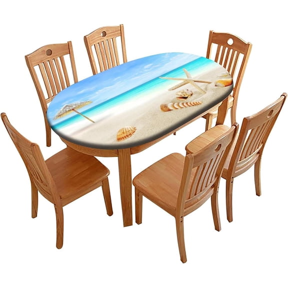 Elastic Edge Polyester Fitted Oval Tablecloth, Summer Beach and Seaside Washable Wipeable Table Cover, for Outdoor Picnic Camping and Indoor Kitchen Dining Party, 48" W x 68" L Oval Table