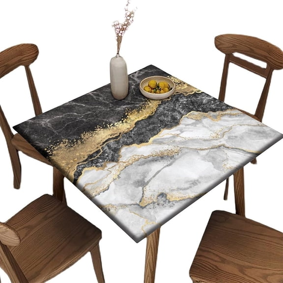 Elastic Edge Polyester Fitted Square Tablecloth, Marble Washable Home Decor Table Cloth, for Home Kitchen Dining Room, Gold Vein Black Grey, 36" x 36" (Square)