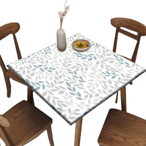 Elastic Edge Polyester Fitted Square Tablecloth, Pastoral Blue-Grey Leaf Print Washable Wipeable Table Cloths, for Banquet Buffet kitchen Dining and Party, Fit for 36" x 36"square table