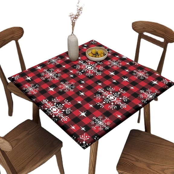 Elastic Edge Polyester Fitted Square Tablecloth, Red Plaid Snowflake Pattern Wipeable Home Decor Table Cover, for Kitchen Dining Tabletop Decoration, 36 x 36 Inch Square Table