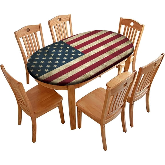 Elastic Edge Polyester Fitted Table Cover, American Flag Retro Polyester Table Cloth, for Indoor Restaurant or Outdoor Patio Party Dining, Fits for 48" x 68" Oval Table