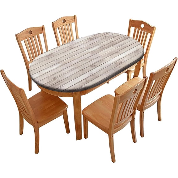 Elastic Edge Polyester Fitted Table Cover, Gray Wood Grain Polyester Table Cloth, for Outdoor Picnic Camping and Indoor Kitchen Dining Party, Fits for 48" x 68" Oval Table
