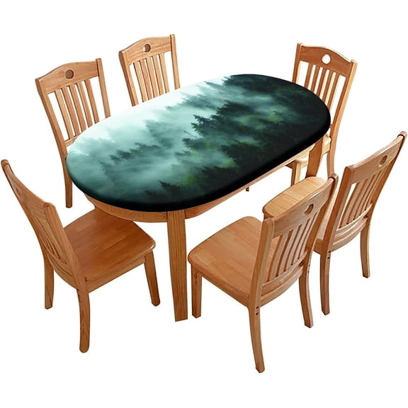 Elastic Edge Polyester Fitted Table Cover, Mountain Forest Tree Table Cover, for Indoor Outdoor Party Dinner Patio, Fits for 48 x 68 Oval Table