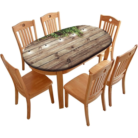 Elastic Edge Polyester Fitted Table Cover, Rustic Wooden Bran Door Green Leaves Wipe Clean Table Cover, for Kitchen Dining Tabletop Decoration, 48" x 68" (Oval)