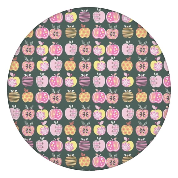 Elastic Edge Round Tablecloth - Apple Painting Pattern, 100% Waterproof & Spill-Proof Fitted Table Cover for Parties, Restaurants (Funny Kawaii Cartoon Apples, Aesthetic Leaves Design, Wrinkle-Free)