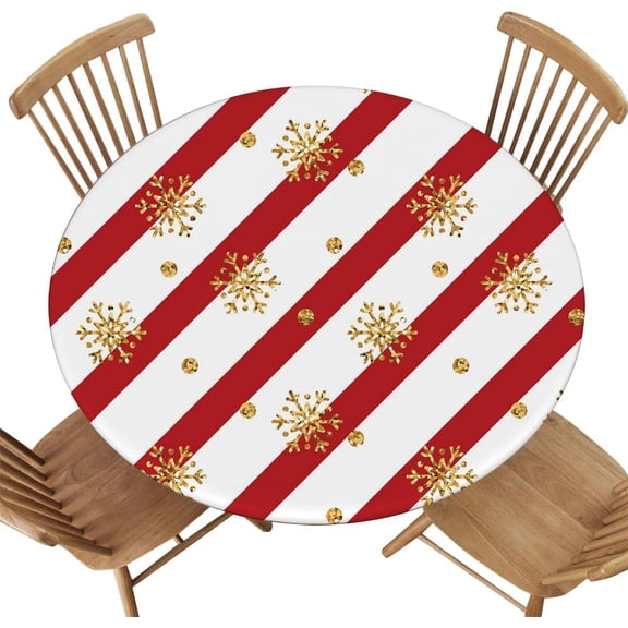 Elastic Edge Round Tablecloth, Christmas Gold Snowflake Lines Pattern, Polyester Cover for Picnic, Indoor Kitchen, Camping Events, Fit for Diameter 48.2"-52.1" Round Table