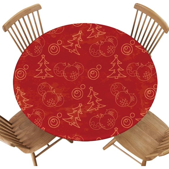 Elastic Edge Round Tablecloth, Christmas Tree Pattern Baubles Firs Red, Polyester Cover for Picnic, Indoor Kitchen, Camping Events, Fit for Diameter 38.2"-42.1" Round Table