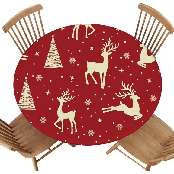 Elastic Edge Round Tablecloth, Christmas Tree Reindeer Pattern Winter, Polyester Cover for Picnic, Indoor Kitchen, Camping Events, Fit for Diameter 48.2"-52.1" Round Table