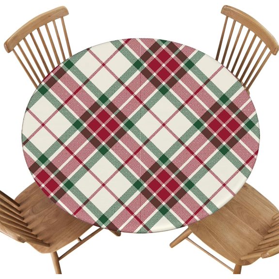 Elastic Edge Round Tablecloth, Merry Christmas Plaid Pattern Background, Polyester Cover for Picnic, Indoor Kitchen, Camping Events, Fit for Diameter 48.2"-52.1" Round Table