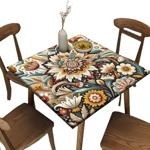 Elastic Edge Square Fitted Tablecloth, Bohemian Flowers Polyester Table Cloth, for Indoor Outdoor Kitchen Home Party Dinner Patio, Fit for 36" x 36"Square Table