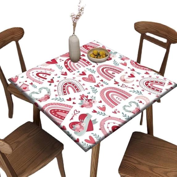 Elastic Edge Square Fitted Tablecloth, Boho Rainbow Floral Love Heart Polyester Table Cloth, for Outdoor Patio and Indoor Kitchen Dining Party, Fit for 40" x 40"Square Table