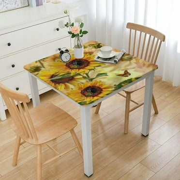 Elastic Edge Square Fitted Tablecloth, Colorful Yellow Sunflower Polyester Table Cover, for Kitchen Dining Party Patio Tabletop Decoration