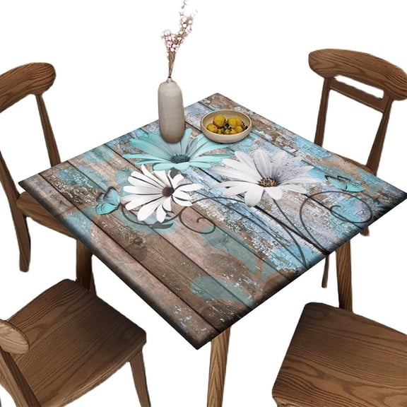 Elastic Edge Square Fitted Tablecloth, Daisy Flower Wood Grain Art Polyester Table Cover, for Outdoor Picnic Camping and Indoor Kitchen Dining Party, Fit for 32" x 32" Square Table