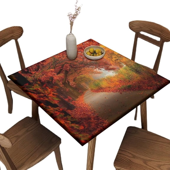 Elastic Edge Square Fitted Tablecloth, Fall Pattern Printed on Wrinkle Resistant Polyester Table Cloth, for Picnic Camping and Kitchen Dining Party, Fit for 36" x 36" Square Table