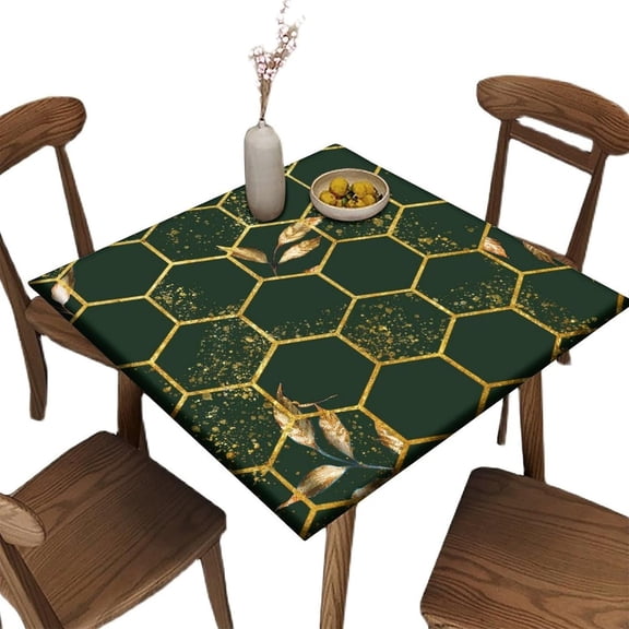 Elastic Edge Square Fitted Tablecloth, Modern Green Geometric Polyester Table Cloth, for Indoor Outdoor Kitchen Home Party Dinner Patio, Fit for 30" x 30" Square Table