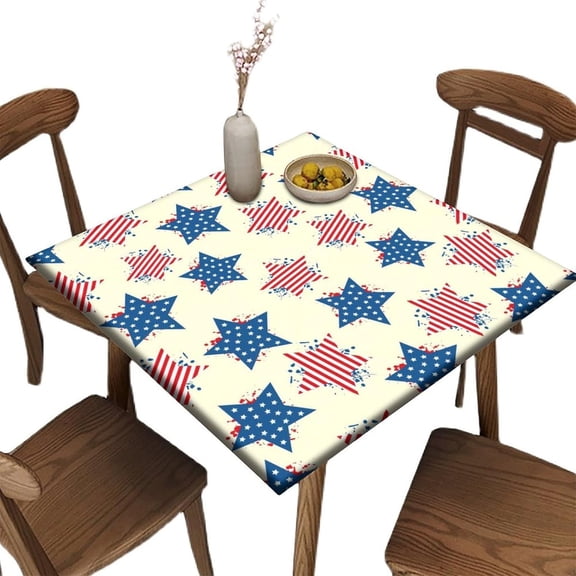 Elastic Edge Square Fitted Tablecloth, National Flag Five Pointed Star Polyester Table Cover, Great for Outdoor Home Kitchen/Parties/Holiday Dinner, Fit for 32" x 32"Square Table