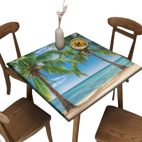 Elastic Edge Square Fitted Tablecloth, Ocean Sea Pattern Printed on Elastic Polyester Table Cover, for Wrinkle Resistant Cloths Kitchen, Fit for 34" x 34"Square Table