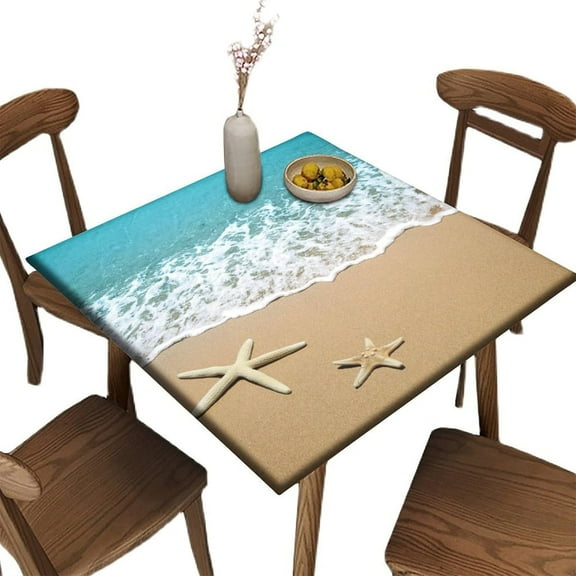 Elastic Edge Square Fitted Tablecloth, Sea Beach Starfish Polyester Table Cloth, for Indoor Holiday Family Banquet and Outdoor Patio Use, Fit for 36" x 36"Square Table
