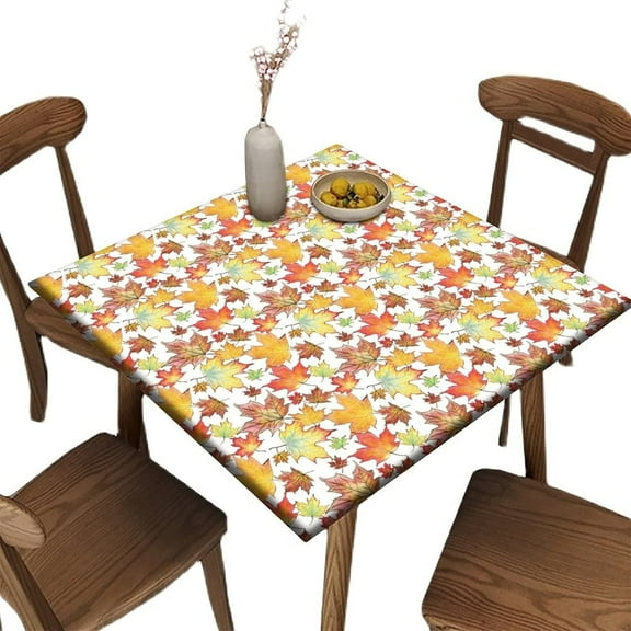 Elastic Edge Square Fitted Tablecloth, Thanksgiving - Painted Maple Leaves Waterproof Wipeable Polyester Table Cloth, for Outdoor Patio and Indoor Kitchen Dining Party, Fit for 36" x 36"Square Table