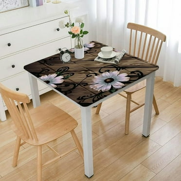 Elastic Edge Square Fitted Tablecloth, Wood Grain White Small Daisy Wipe Clean Polyester Table Cloth, for Indoor Holiday Family Banquet and Outdoor Patio Use