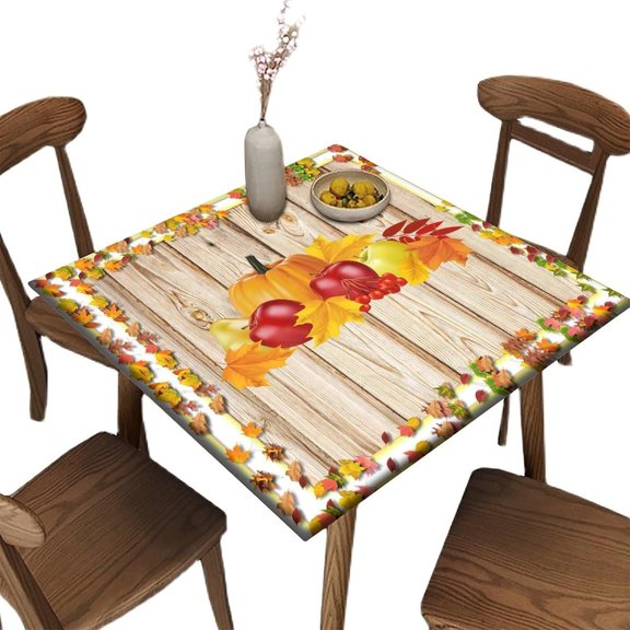 Elastic Edge Square Fitted Tablecloth, Wooden Autumn Border Polyester Table Cloth, for Kitchen Dining Party Patio Tabletop Decoration, 36"x 36" (Square)