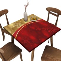 Elastic Edge Square Fitted Tablecloth, Yellow Red Golden Snowflakes Pattern Printed on Wrinkle Resistant Polyester Table Cloth, for Indoor Outdoor Party Decor, Fit for 32" x 32"Square Table