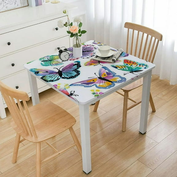 Elastic Edged Flannel Backed Table Cover - Colorful Butterfly Pattern - Fits Square Tables