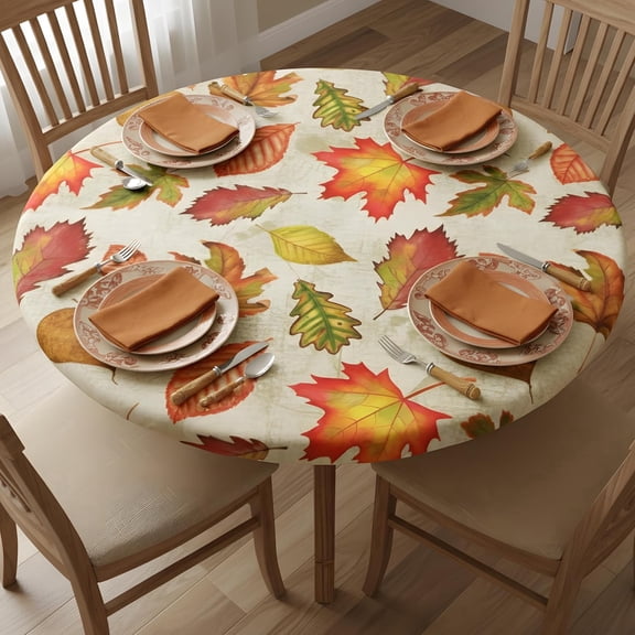 Elastic Edged Round Fall Maple Leaves Fitted Table Cloth Cover, Home Decorative Tablecloth for Indoor Outdoor Kitchen Party, Fits 45" - 50" Tables, Medium