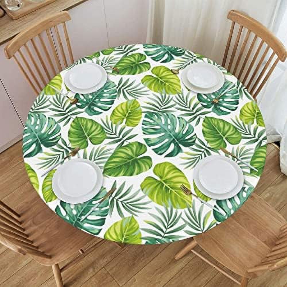 Elastic Edged Round Fitted Green Tropical Palm Leaves Table Cloth Cover