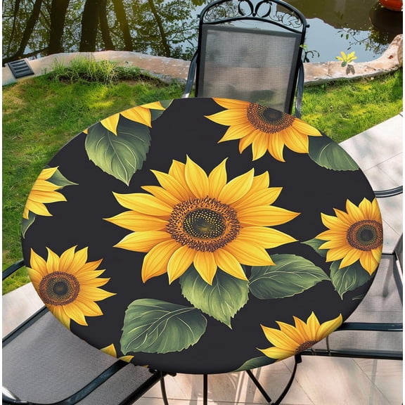 Elastic Edged Round Fitted Sunflower Table Cloth Cover for Indoor Outdoor Kitchen Party 60 * 60 Inch Tablecloth