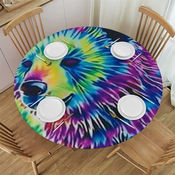 Elastic Edged Round Tablecloth Bear Tie Dye Print Table Cloth Cover for Indoor Outdoor Kitchen Party