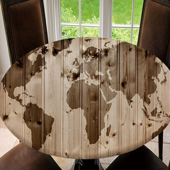 Elastic Edged Round Tablecloth World Map On Wooden Wall, for Holiday, Dinner Parties, Special Occasions Style, Tablecloth Size 44"(Fit for 32.2"-36.1" Table)