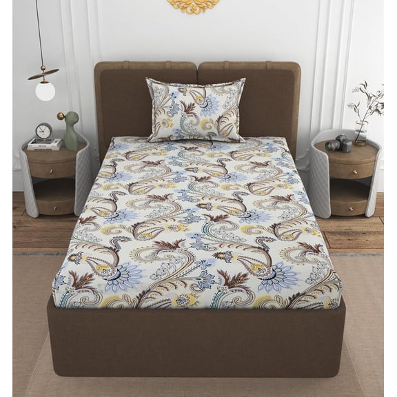 Elastic Fitted Bedsheets Single Bed With 1 Pillow Cover - Size 36 X 72 X 10 Inches, Cream | 100% Premium Fabric Is Lightweight, Soft & Comfortable