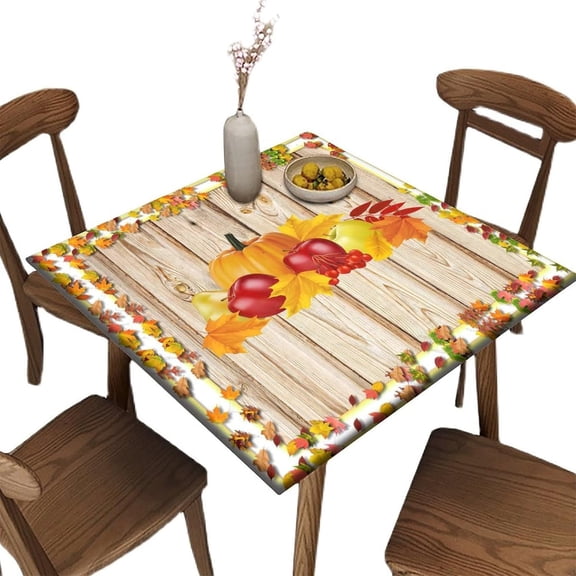 Elastic Fitted Card Table Cover, Wood and Harvest Pattern Printed on Stretchable Polyester Table Cloth, for Family Party and Patio Decoration, Fit for 32" x 32" Square Table