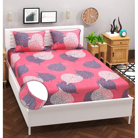 Elastic Fitted Double Bedsheets For Queen Size With 2 Pillow Covers | 60 X 78 + 10 Inches, Pink & Grey - Double Bed With All Around Elastic 180 Thread Count Super Soft