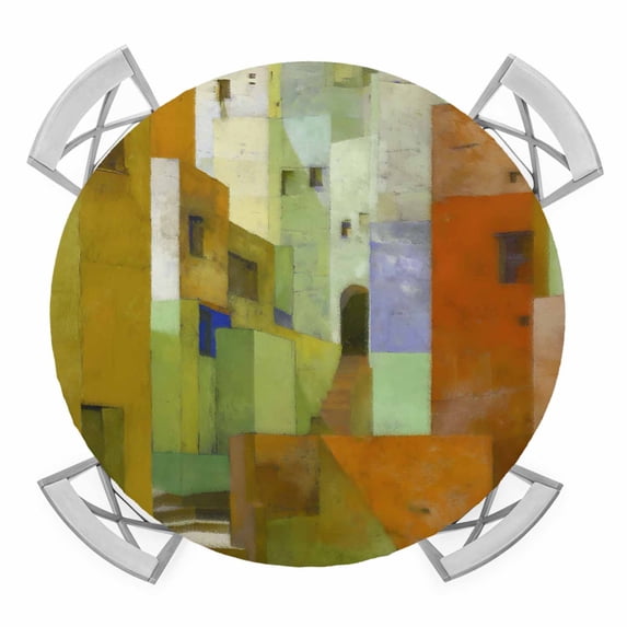 Elastic Fitted Round Tablecloth, Abstract Yellow Waterproof Stretch Table Cover for 55"-60" Tables, Painting Buildings Geometric Modern Art Washable Outdoor Tablecloths for Patio, Picnic, Camping