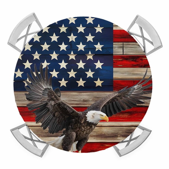 Elastic Fitted Round Tablecloth, American Flag Waterproof Stretch Table Cover for 36"-44" Tables, Eagle Blue Red USA Flag Retro Washable Outdoor Tablecloths for Patio, Picnic, Camping