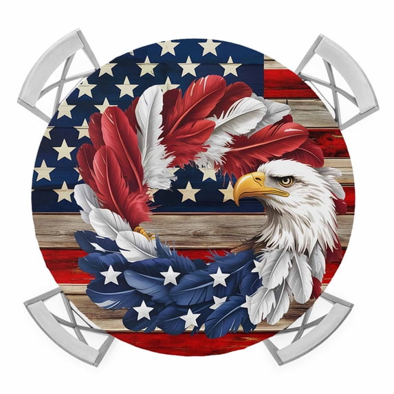 Elastic Fitted Round Tablecloth, American Flag Waterproof Stretch Table Cover for 45"-54" Tables, Blue Red USA Flag Eagle Wreath Washable Outdoor Tablecloths for Patio, Picnic, Camping