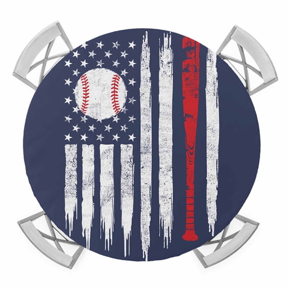 Elastic Fitted Round Tablecloth, American Flag Waterproof Stretch Table Cover for 45"-54" Tables, US Flag Baseball Stars Navy Blue Washable Outdoor Tablecloths for Patio, Picnic, Camping