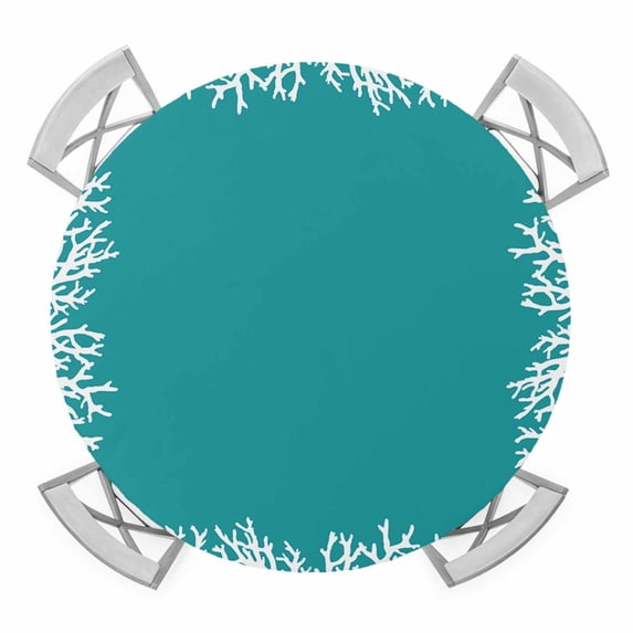 Elastic Fitted Round Tablecloth, Aqua Coastal Coral Waterproof Stretch Table Cover for 45"-54" Tables, White Ocean Marine Sea Nautical Beach Washable Outdoor Tablecloths for Patio, Picnic, Camping